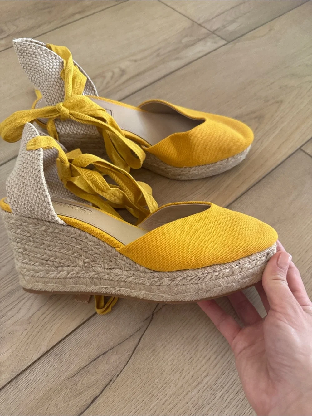 Vince Camuto Yellow Canvas Espadrille Wedge Ankle-Tie Sandals